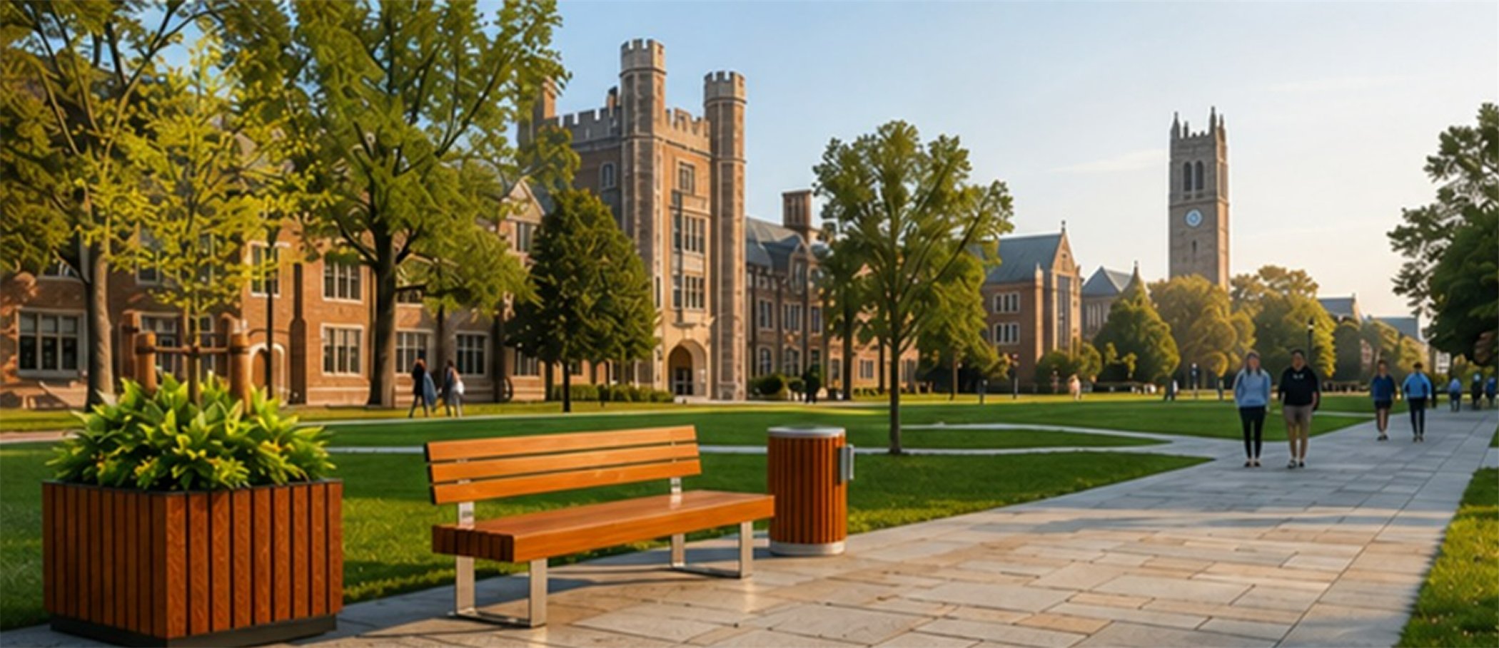 Palmverra bench, planter and bin on a university campus
