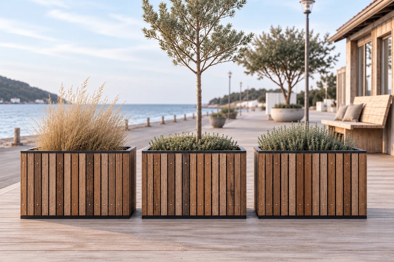 Three Palmverra planters on a seafront promenade